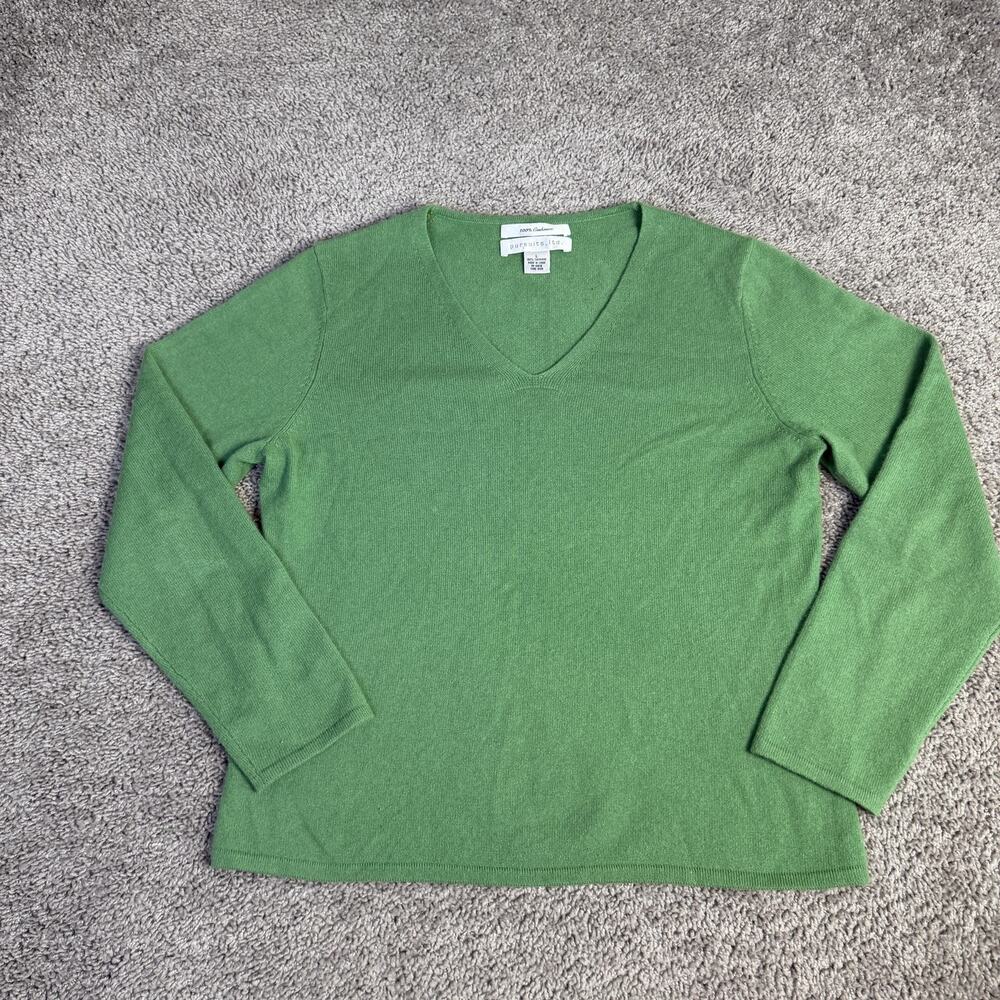Pursuits Ltd. Sweater Womens L Green V-Neck 100% Cashmere Lightweight Pullover